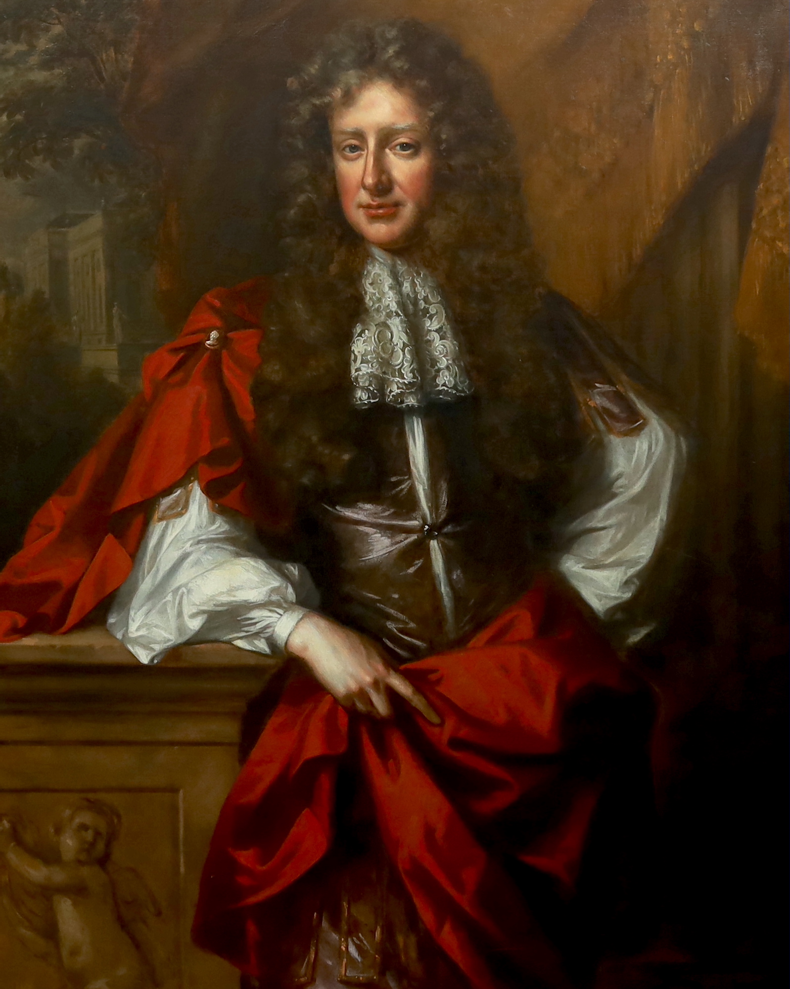 Follower of Willem Wissing (1656-1687), Portrait of a gentleman, three quarter length, in a brown waistcoat, lace jabot and crimson wrap, leaning on a stone pedestal, oil on canvas, 124 x 100cm, in a George III carved gi